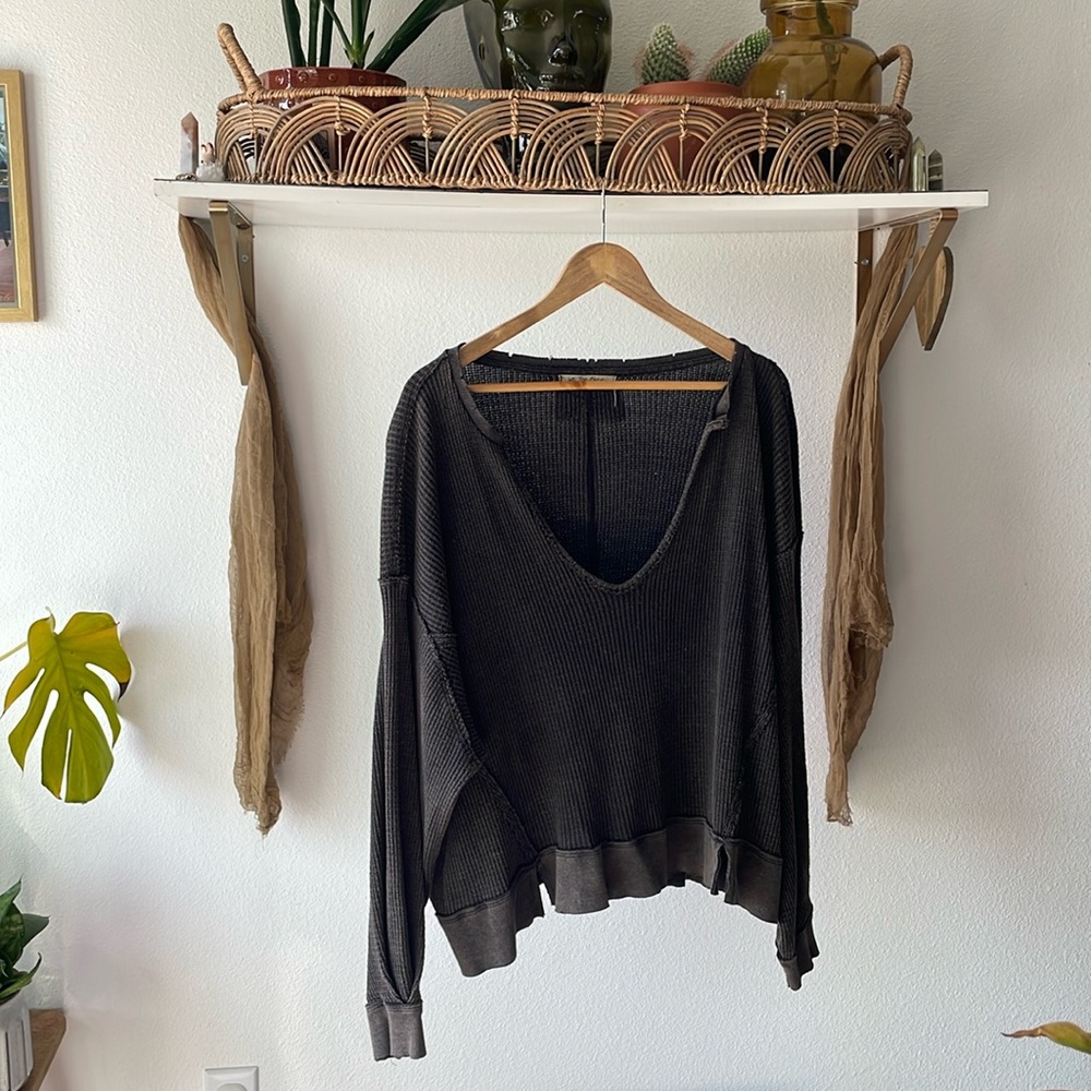 Free people waffle knit black washed boyfriend thermal top